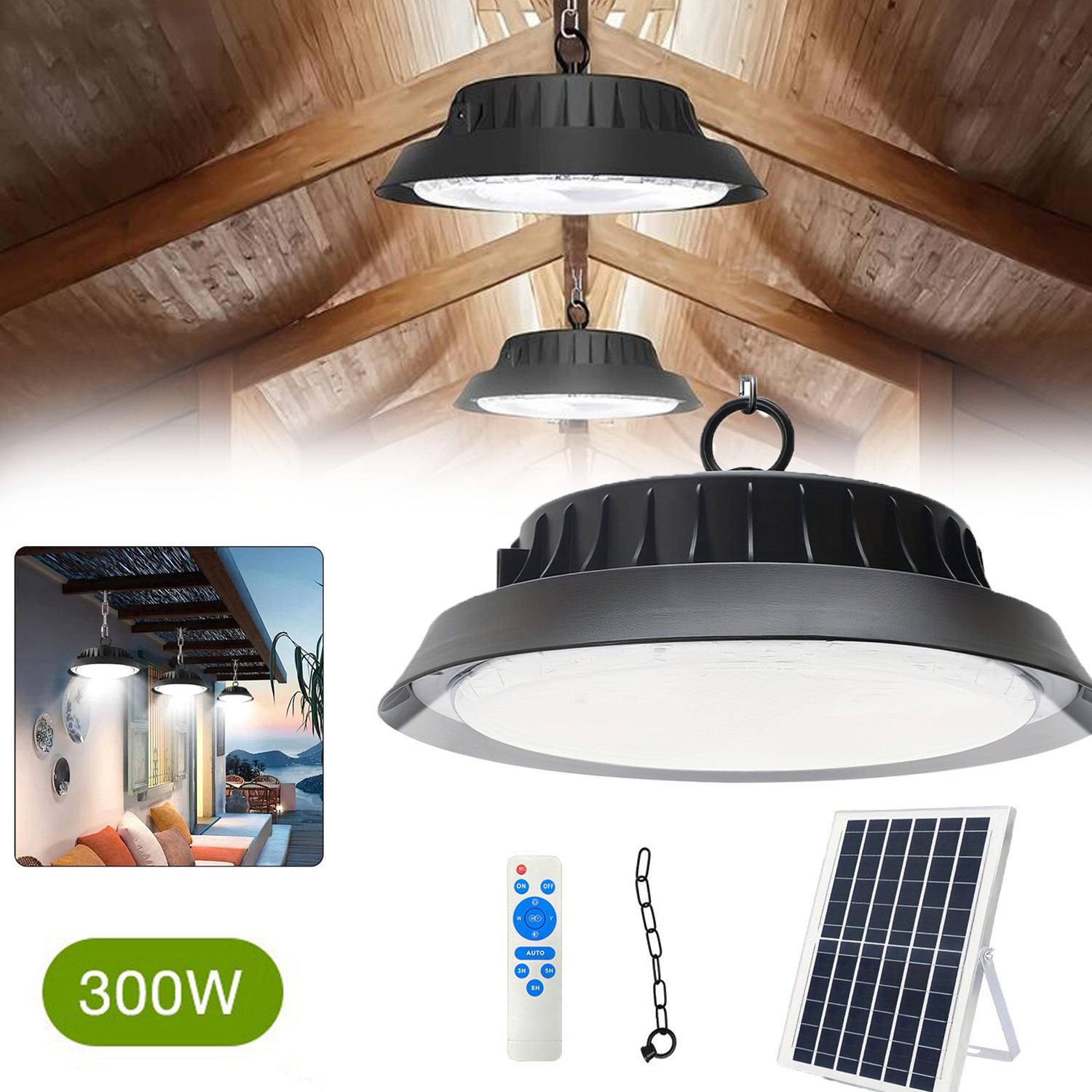 300W LED Solar Power Pendant Lights Garage Shop Lamp For Shed Barn Gazebo Yard gallery