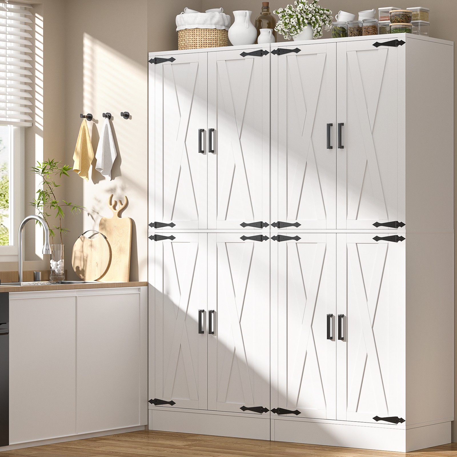 71" Tall Kitchen Pantry Storage Cabinet with 4 Barn Doors and Drawer and Shelves gallery