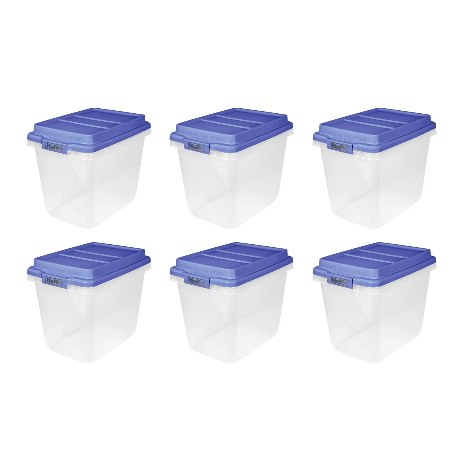 Hefty 6 Pack 32 Quart Hi-Rise Stackable Plastic Storage Bin with Lid, Clear/Blue gallery
