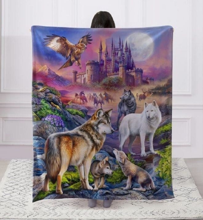 New Wolf Fantasy Throw Blanket Wolves Castle Full Moon Pack Howl Horses Forest gallery