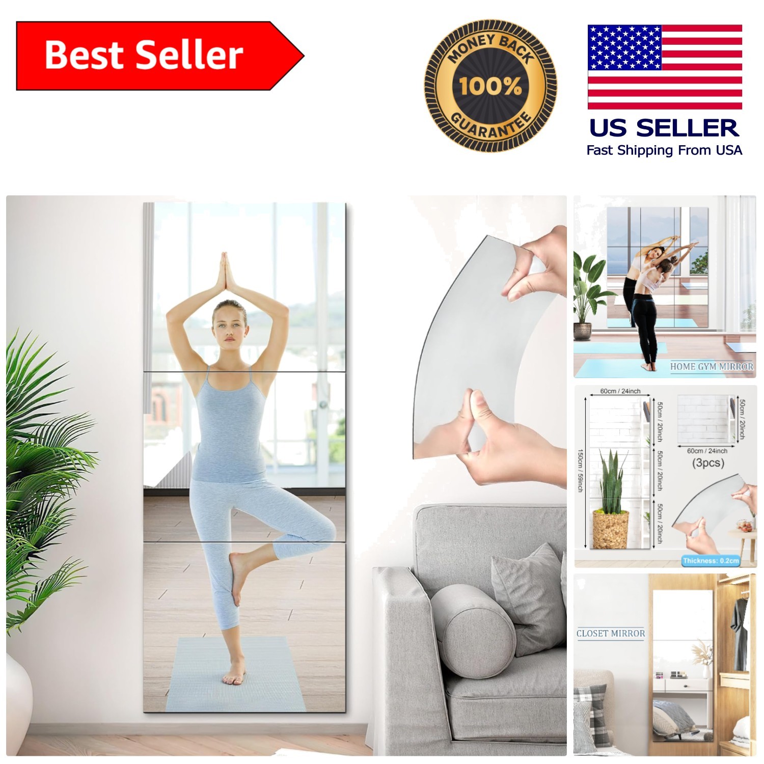 Frameless 20x24 Inch Acrylic Full-Length Mirrors - 3 Pack Self Adhesive Design gallery