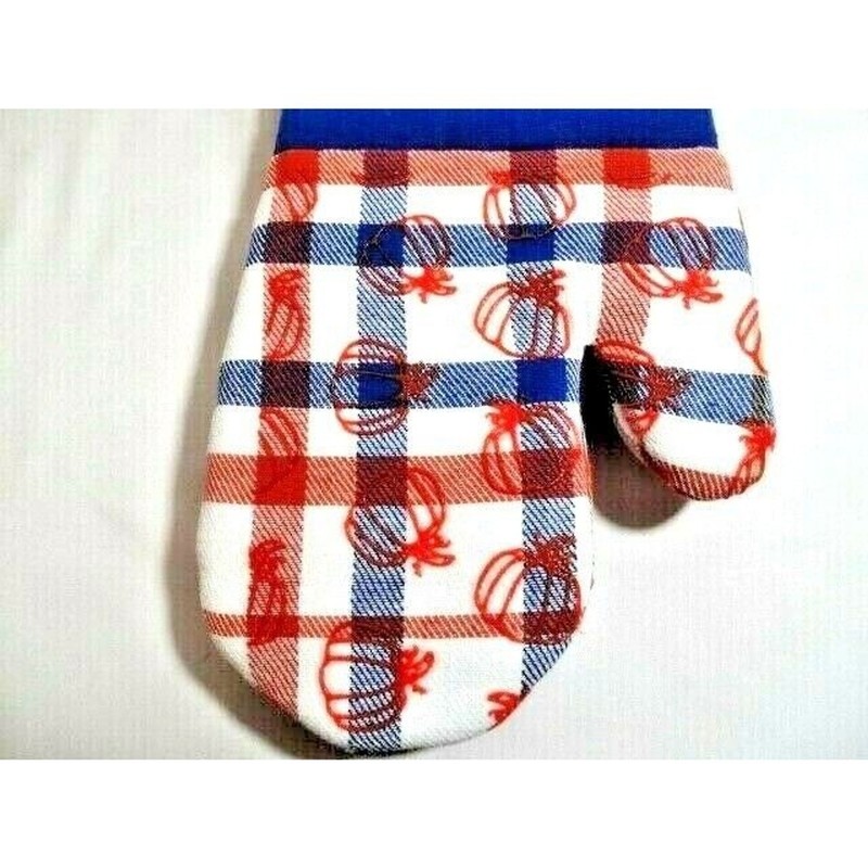 Max Studio Pumpkin Print Oven Mitts 2-pc Cotton Silicone Blue Red Orange White gallery