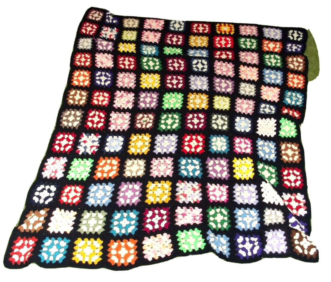 Vtg. 1960s 1970s Handmade Granny Square Afghan *Acrylic Black/Multi 72 x 90" gallery