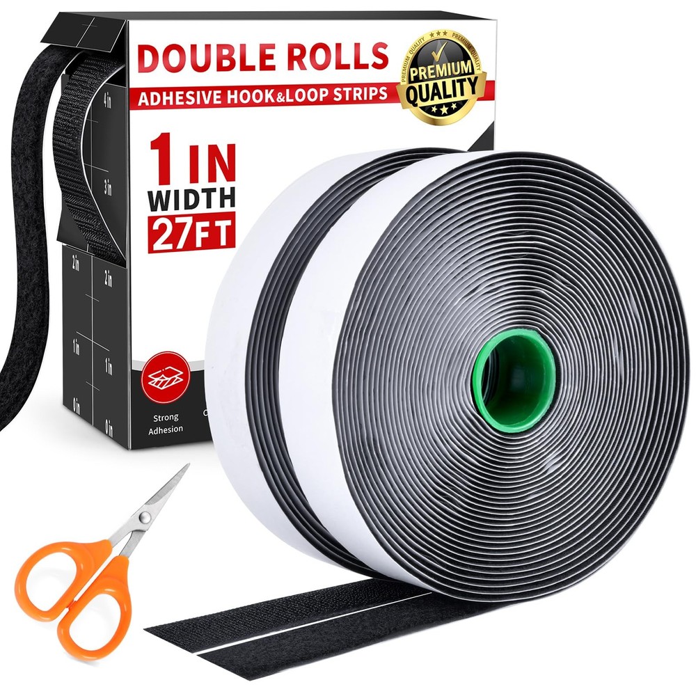 1 Inch x 27Ft Hook and Loop Strips with Adhesive, Double 1 In x 27Ft, Black