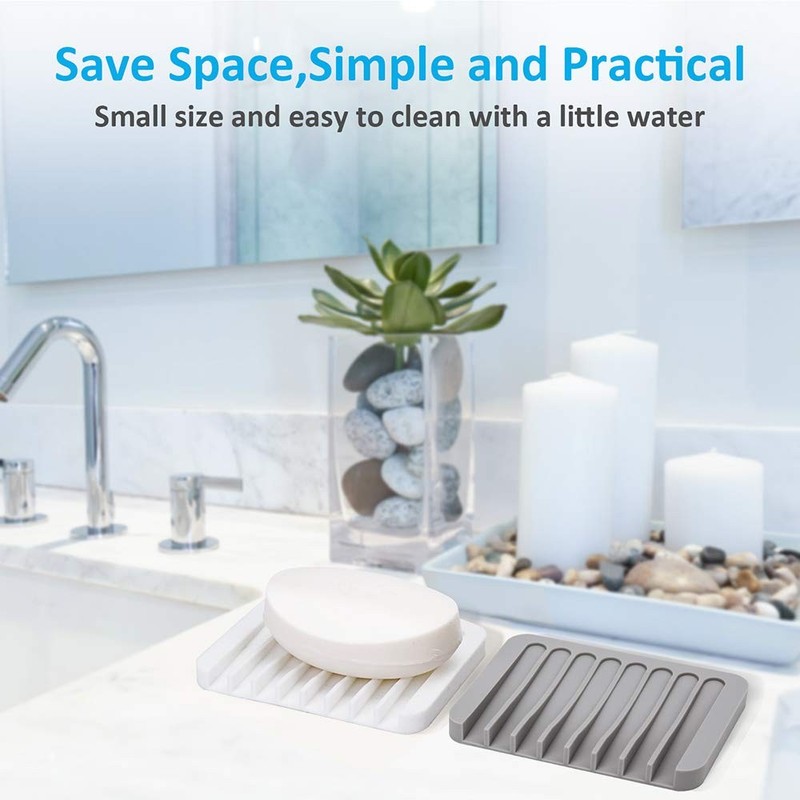 4PCS Self-Draining Silicone Bar Soap Dish and Holders for Medium, White, Gray gallery