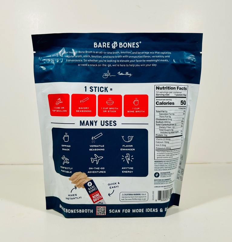 Bare Bones Instant BEEF Bone Broth, Grass Fed/GF, 10g Protein, 12 Sticks, 2027 gallery