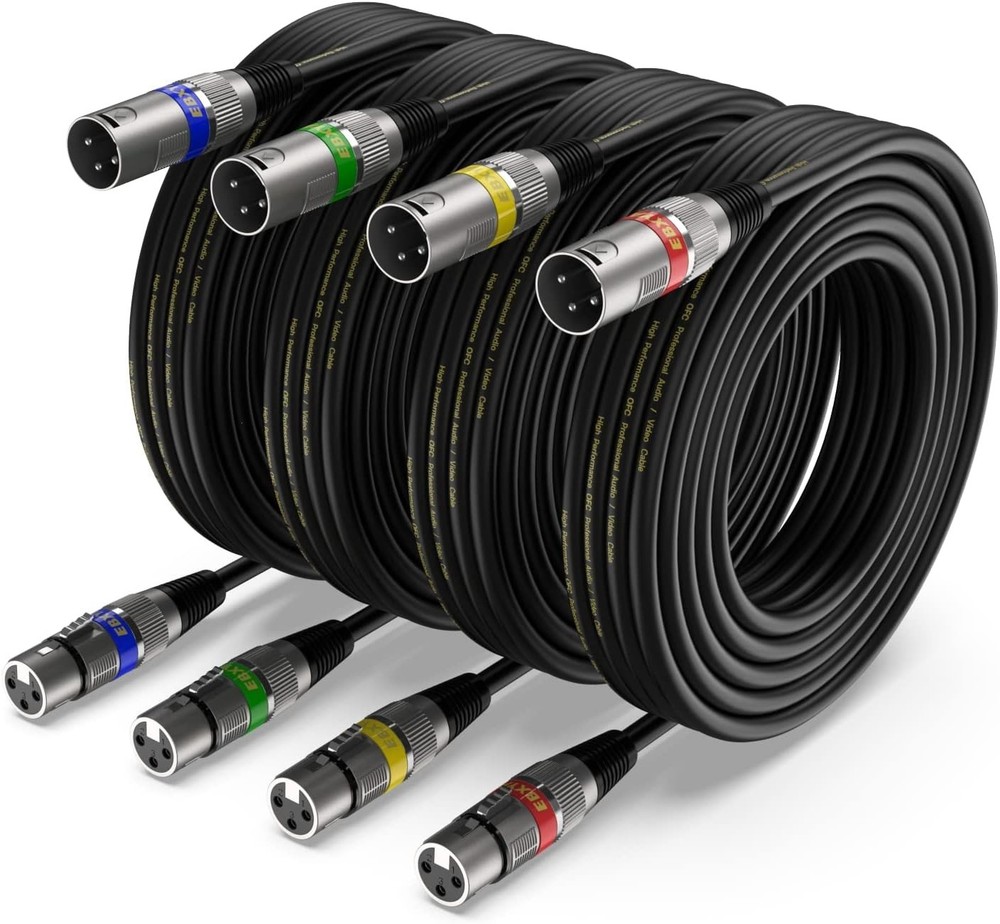 XLR Cable 15FT 4 Pack Premium Balanced 3-Pin Male to Female Mic Cord Black