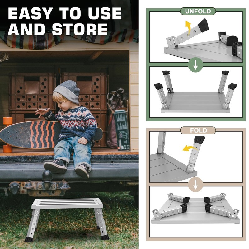 Adjustable Height Aluminum RV Step Stool - 1,000 lb Capacity, Non-Slip, Portable gallery