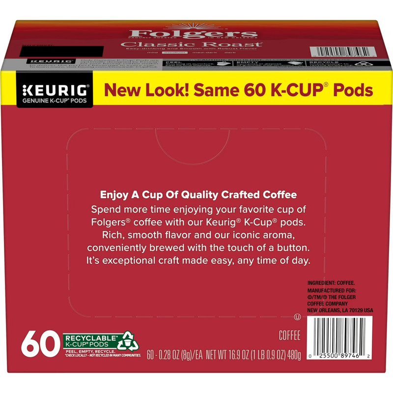 Folgers Classic Roast, Medium Roast Coffee, Keurig K Cup Pods, 60 Count Box gallery