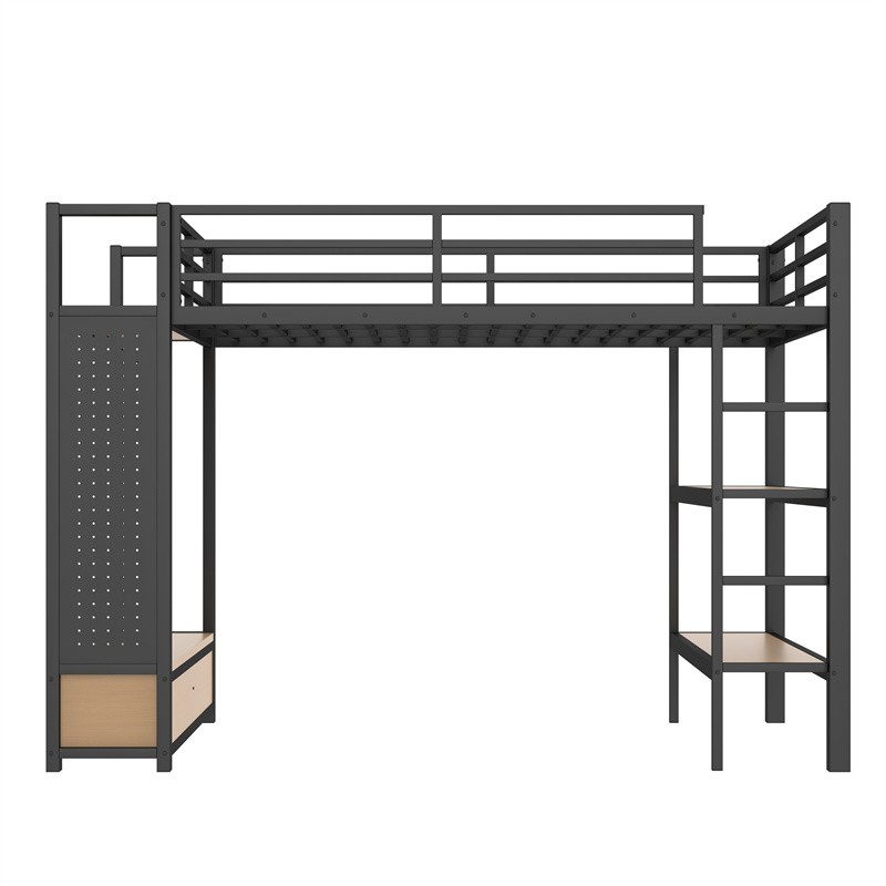 Full Size Loft Bed Frame w/Wardrobe,Metal Loft Bed with Storage Shelves Black gallery