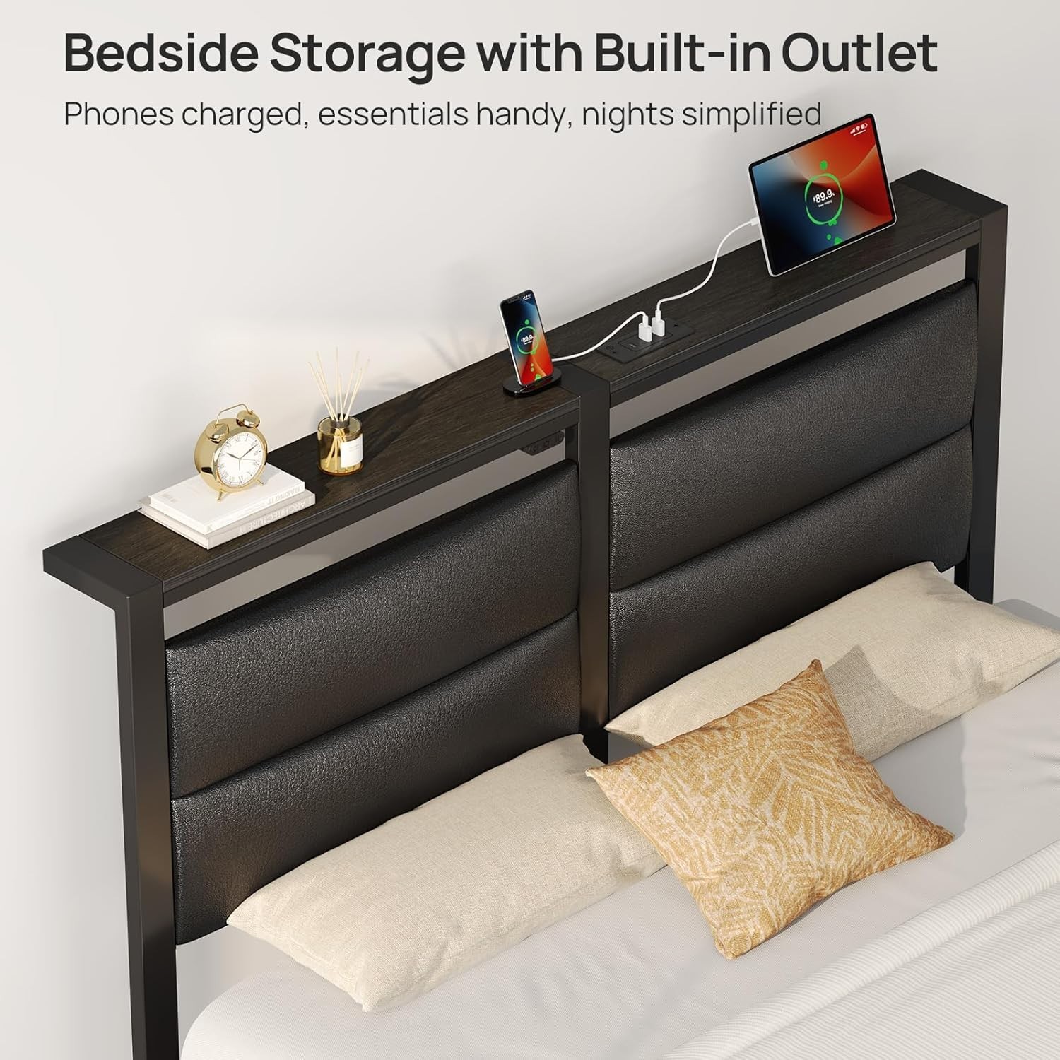 NEW Full Size Bed Frame with Charging Station LED Upholstered Headboard Metal gallery