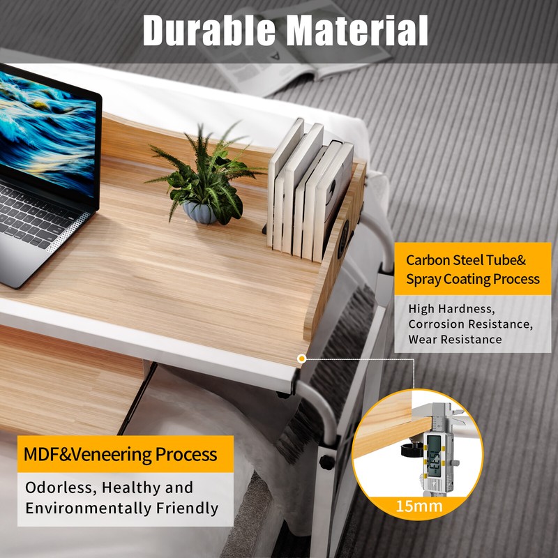 Adjustable Extendable Overbed Laptop Desk 55-85 Cm Height With Wheels Burlywood gallery