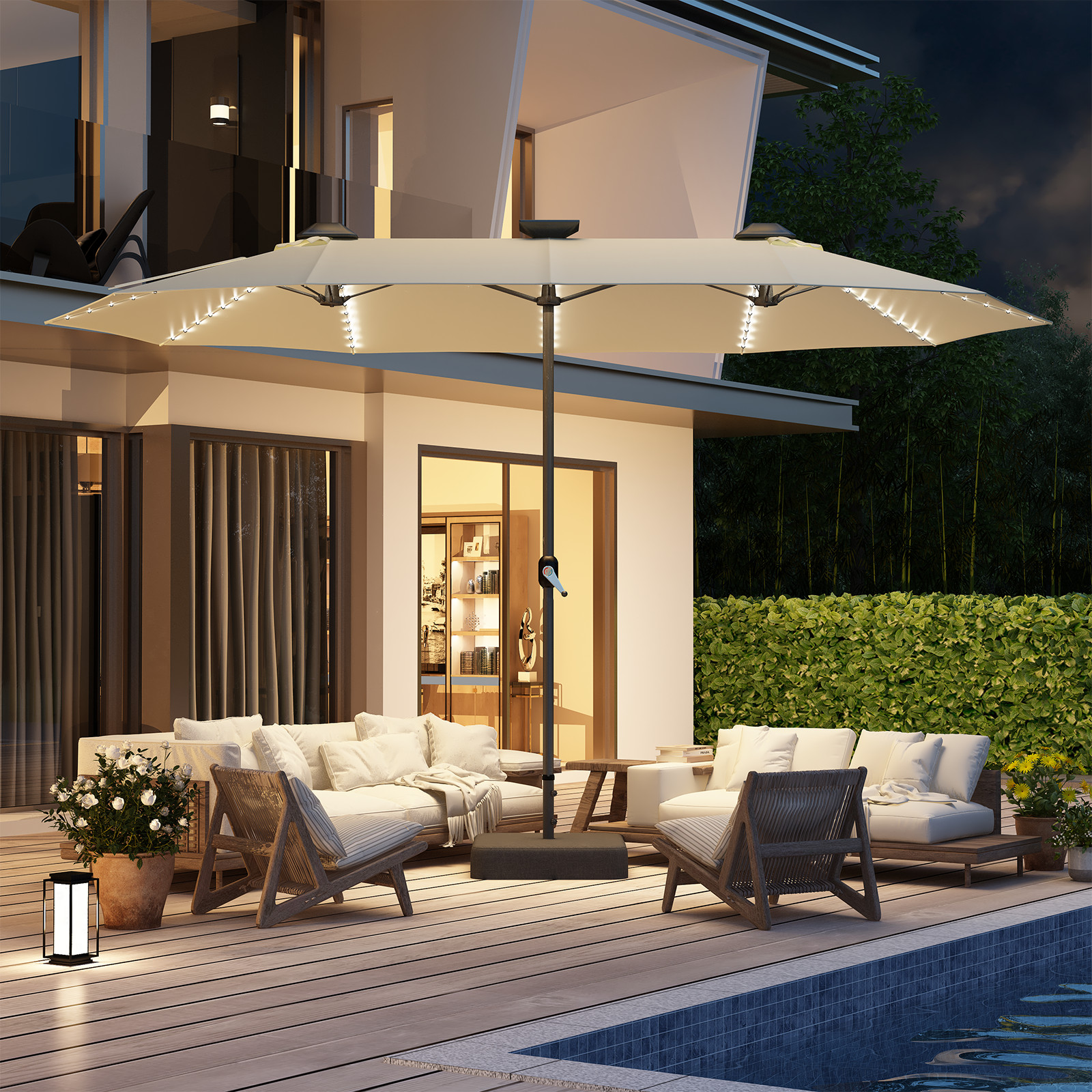 15ft Double-Sided Patio Umbrella with Solar LED Lights Base Crank Outdoor Market gallery