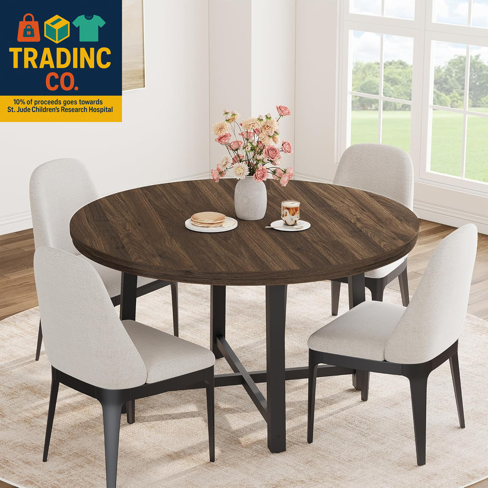 47" round Dining Table for 4, Kitchen Dining Room Table with Sturdy Metal Frame,