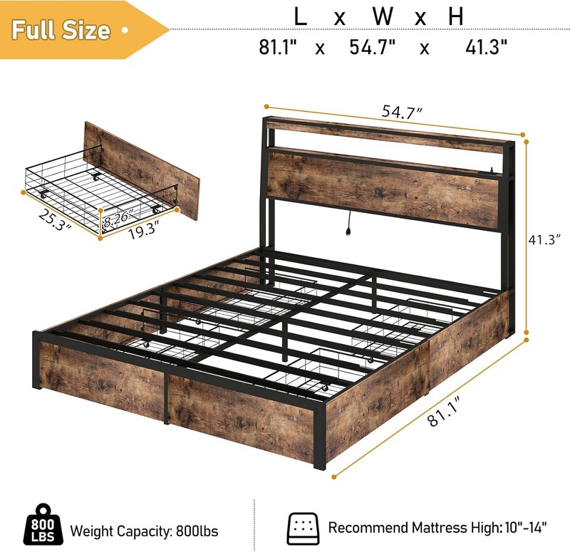 Full Queen Bed Frame with 4 Storage Drawers and Charging Station ＆ LED Lights gallery