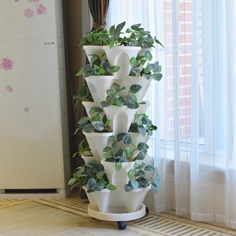 5-Tier Stackable Planters Vertical Planter Garden Flower Pot w/ 360° 5 Wheels US gallery