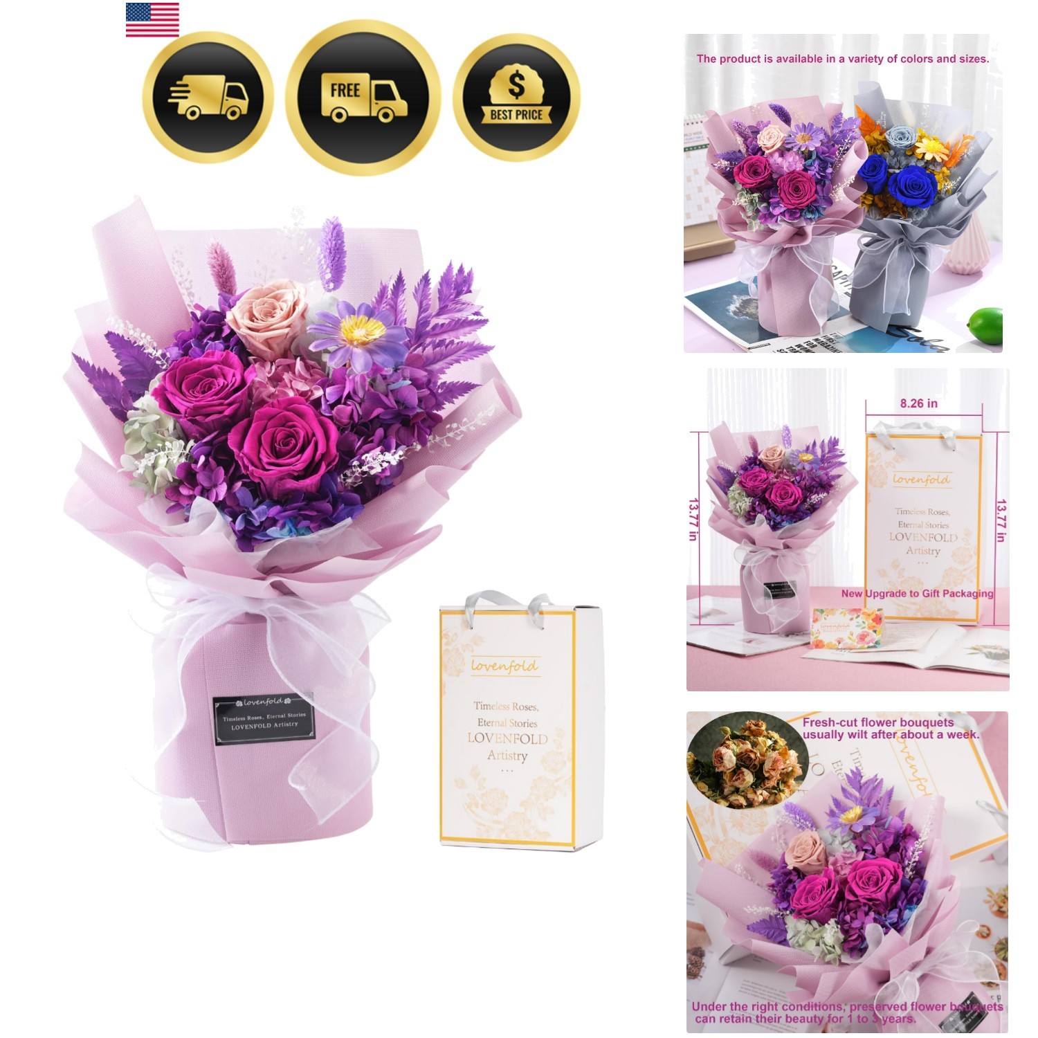 Preserved Flowers for Delivery, Purple Rose Bouquets That Last 1-3 , Birthday... gallery