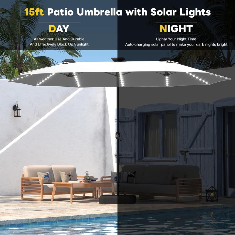 15ft Double-Sided Patio Umbrella with Solar LED Lights Base Crank Outdoor Market gallery