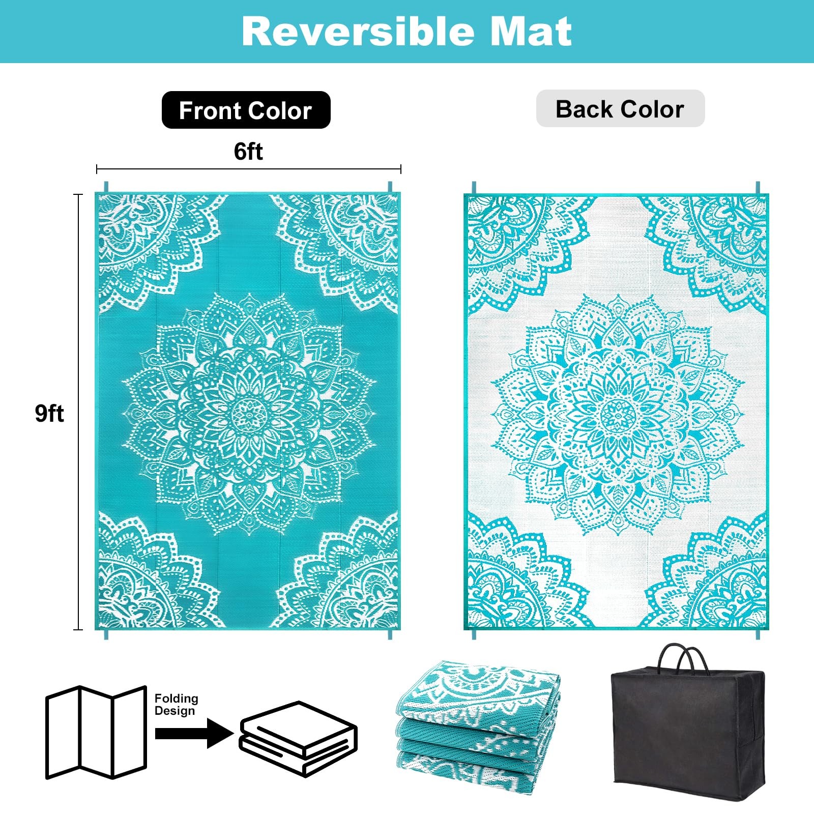 Yamaziot Waterproof Outdoor Rug 6x9 ft, Reversible Plastic Straw 6' x9', Blue gallery