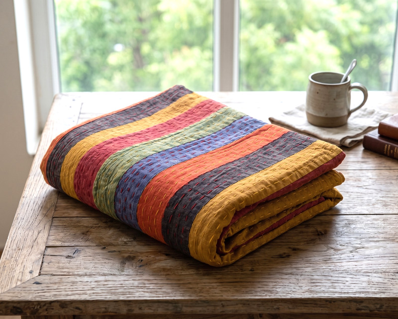 Multi-Color Striped Patchwork Cotton Blanket, Bedspread Hippie Vintage Blanket gallery