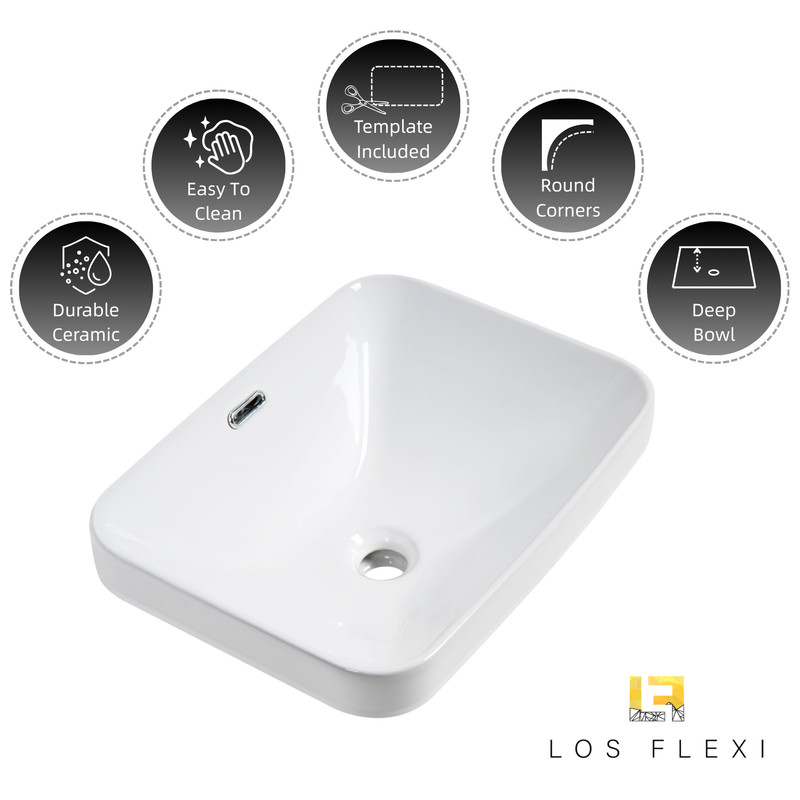 18" x 13" White Ceramic Semi Recessed Bathroom Sink, Overflow & Cutout Template gallery