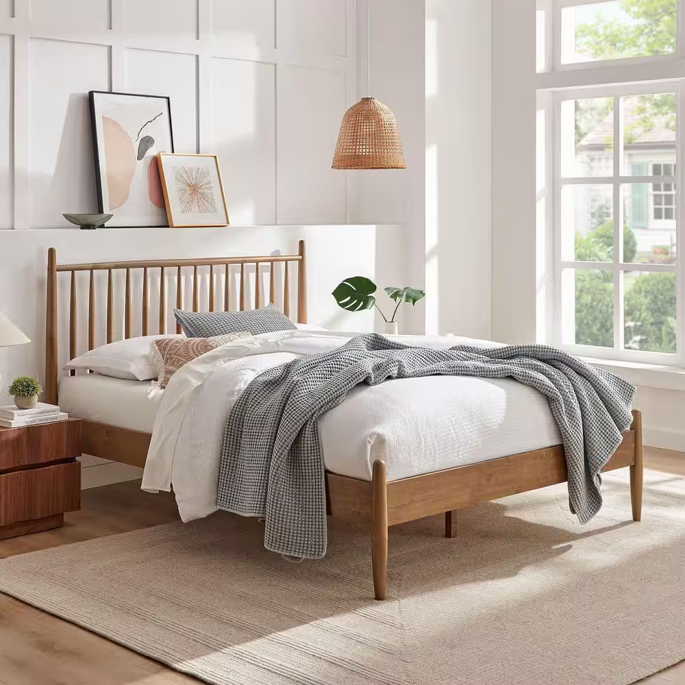 Zane Walnut Brown Solid Rubberwood Frame King Spindle Platform Bed gallery