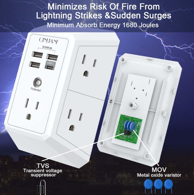 5 Outlet Extender Surge Protector Multi Plug Wall Adapter USB Charger Ports with gallery