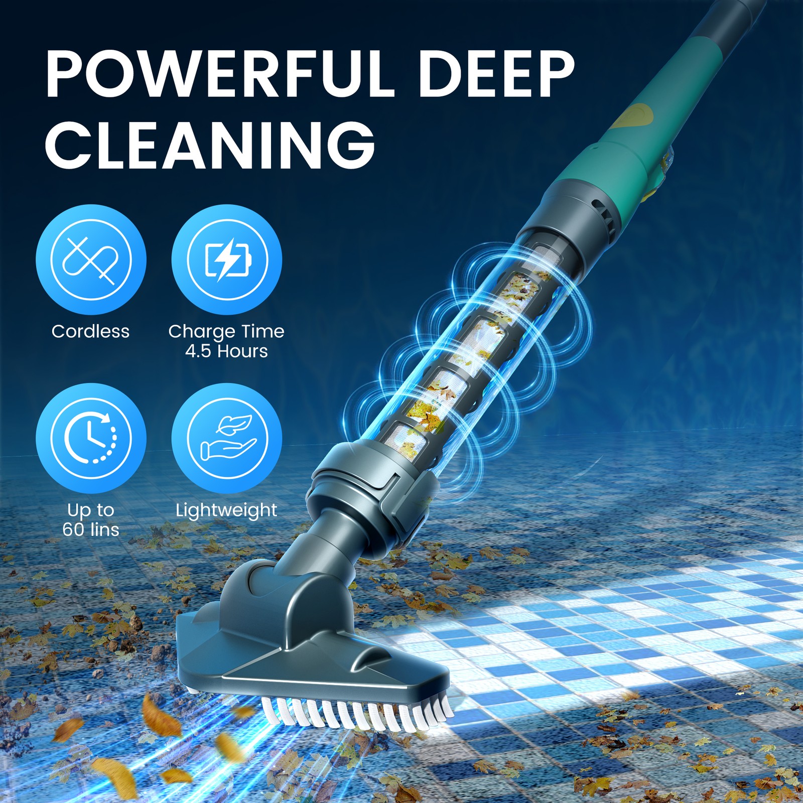 Cordless Rechargeable Pool Vacuum 60min Handheld Cleaner IPX8 w/ Telescopic Pole gallery