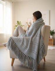 NEW Silver Gray Metallic Handmade Knitted Afghan Throw Hand Knit Gift Gifts
