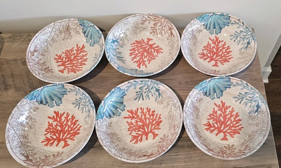 Coastal Beach Dinnerware 6 Place Setting 18 Pc Set Plates Bowls Coral Ocean gallery