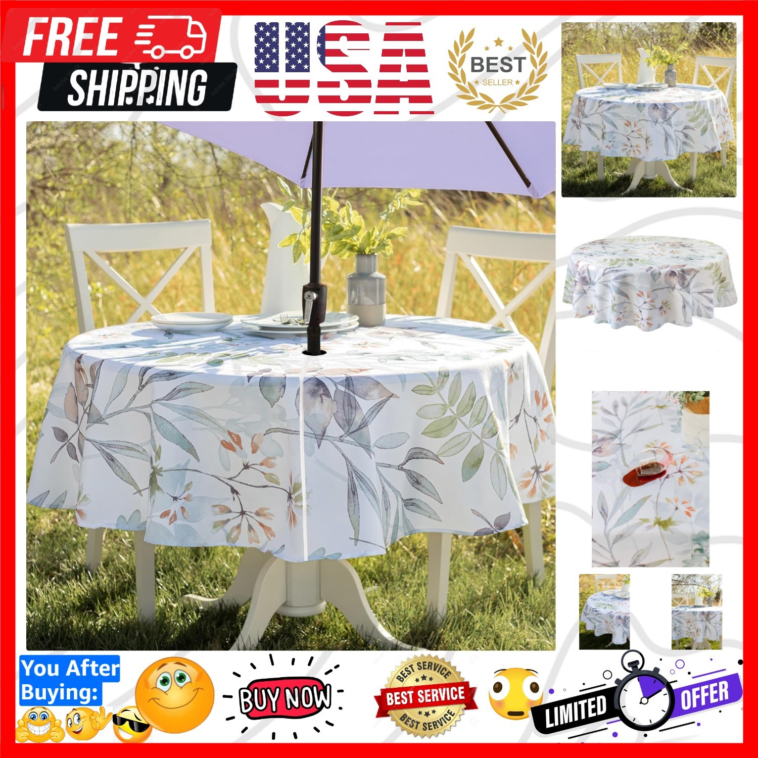 Spillproof Spring/Summer Heavyweight Fabric Outdoor Tablecloth with Umbrella ... gallery
