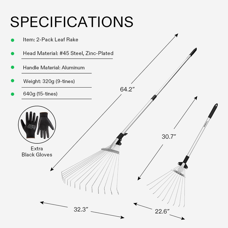 2-Piece Leaf Rake Set - Adjustable Garden/Camping Rake with 15/9 Tines, Collapsi gallery