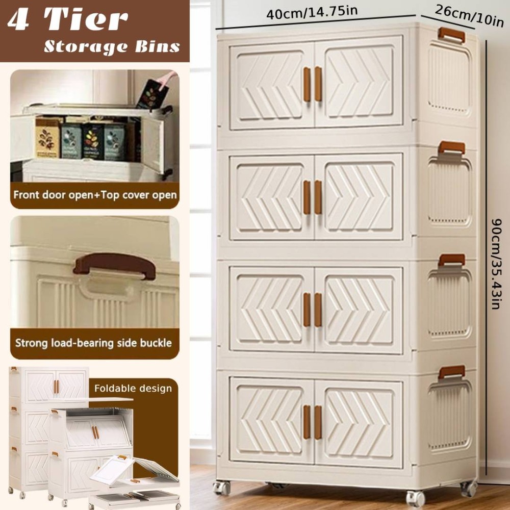 4 Tier Folding Storage Cabinet Stackable Boxes with Magnetic Doors & Wheels US