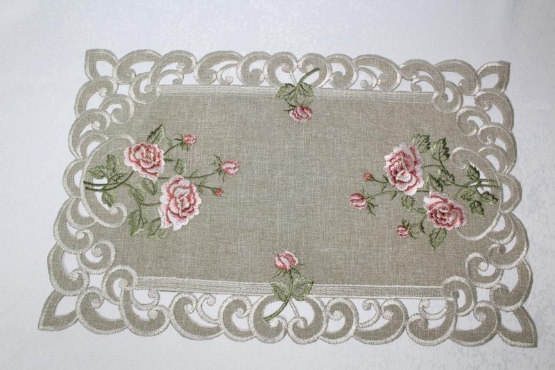 Doily Boutique Table Runner, Doily, Mantel Scarf with Pink Rose on Green Burlap gallery