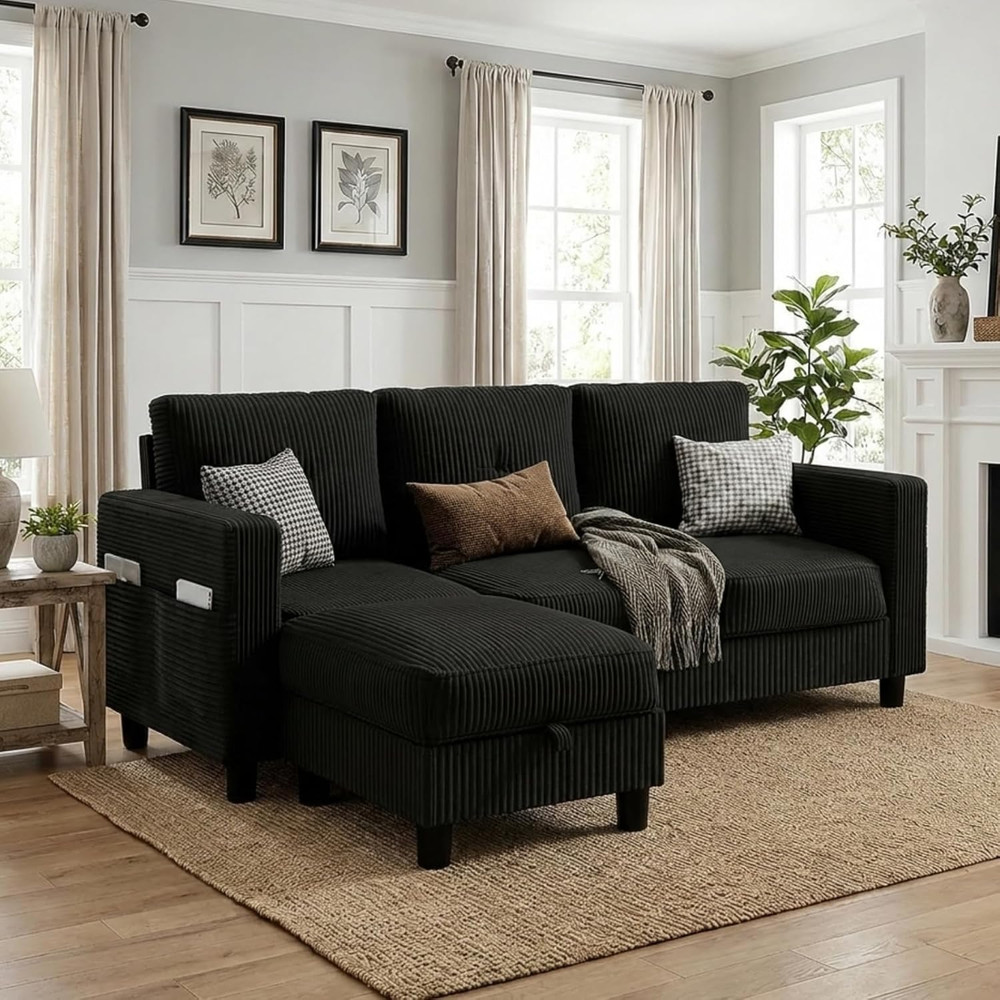 Convertible Sectional Sofa with Storage Ottoman, 77” L-Shaped 3-Seat Couch with