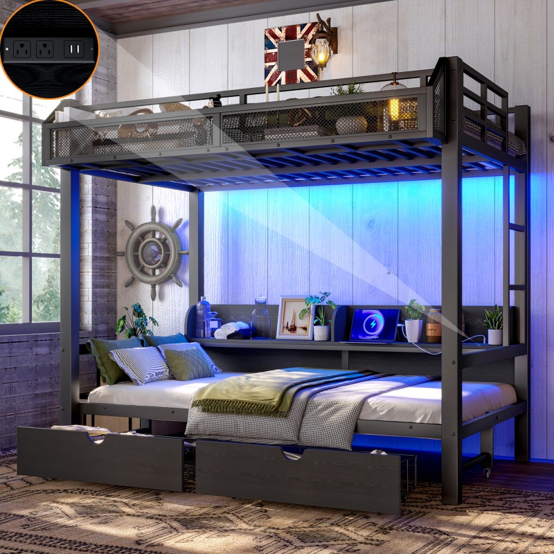 Twin over Twin Bunk Bed with Storage Shelves and Drawers,Metal Bed Frame Black gallery