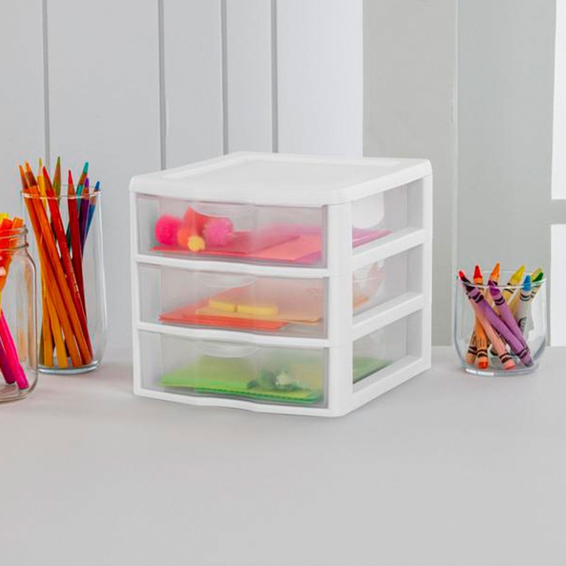 Sterilite ClearView Plastic Small 3 Drawer Desktop Storage Unit, White, 6 Pack gallery