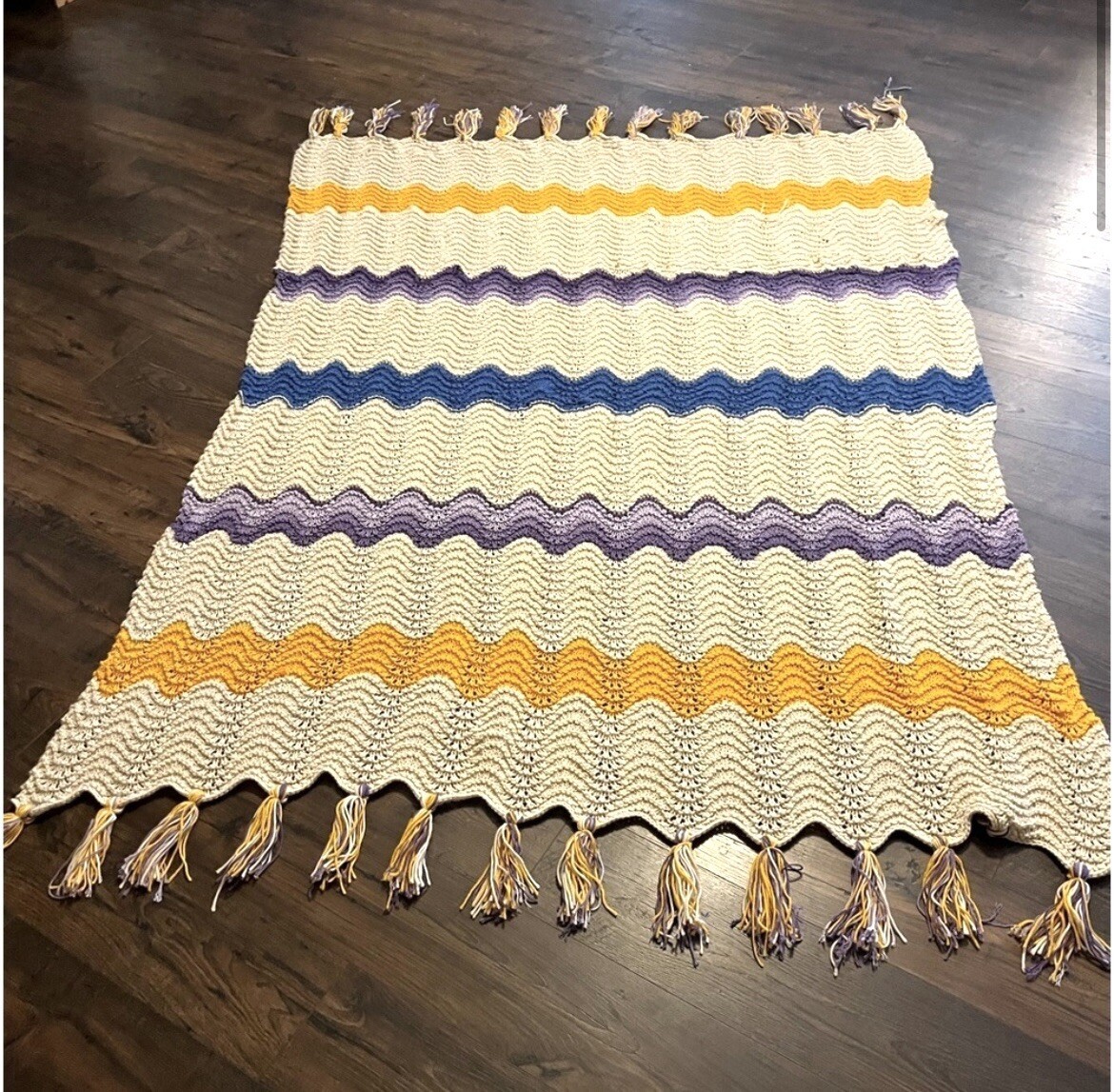 Hand Crocheted Knit Twin Size Afghan Throw Blanket Cream, Yellow, Purple & Blue gallery