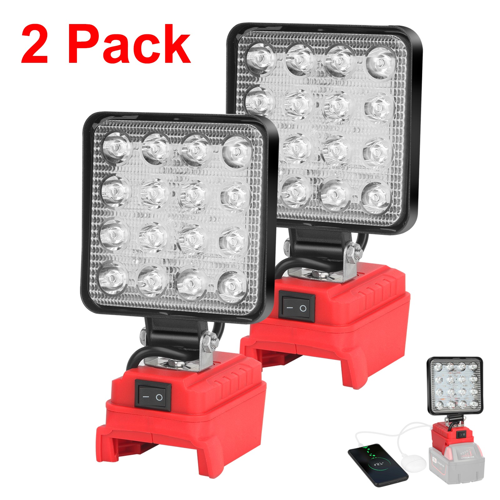 2 Pack 60W LED Work Light Flashlight for Milwaukee 18V M-18 Battery 6000LM gallery