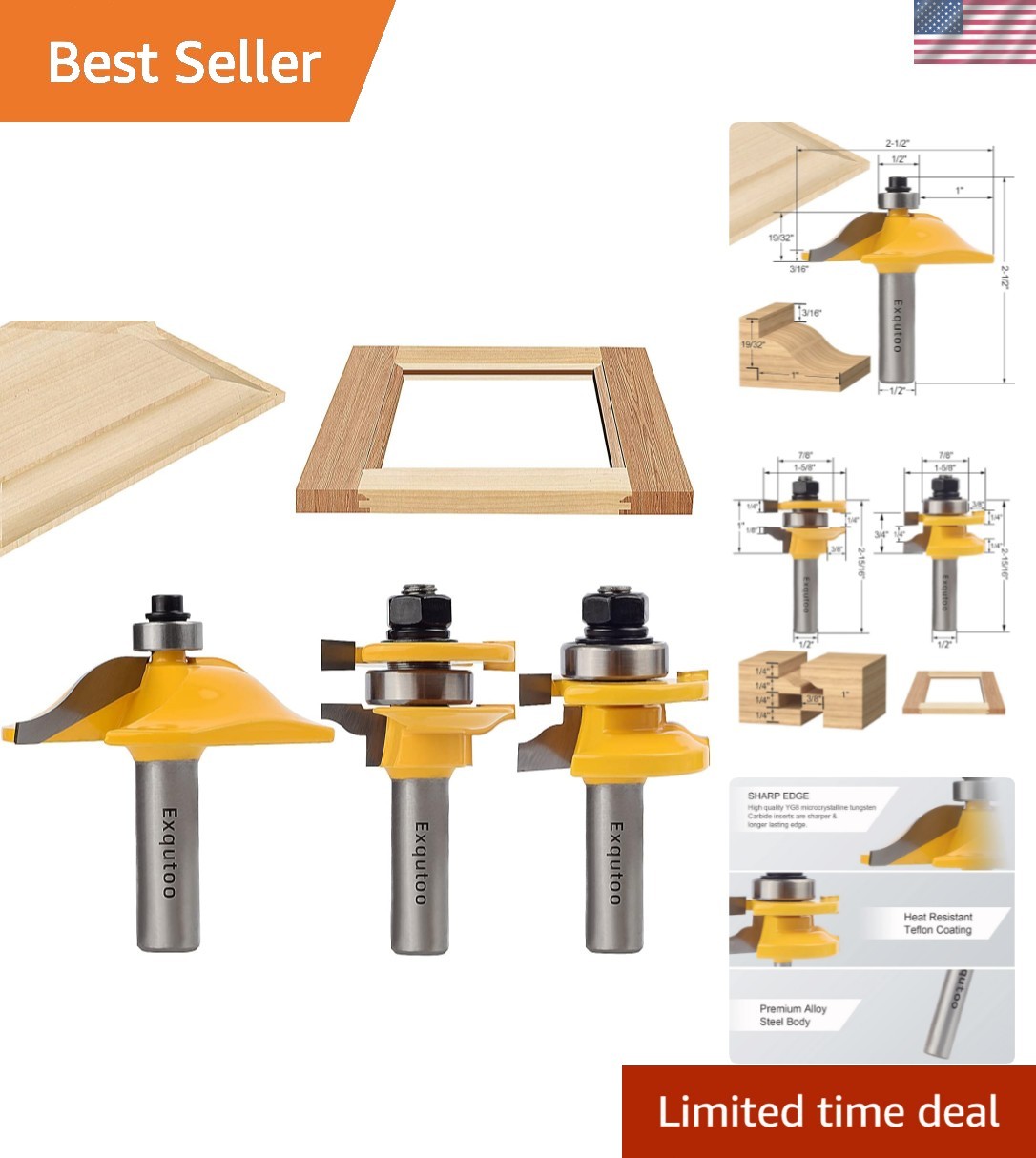 3PCS 1/2" Shank Router Bit Set, Raised Panel Cabinet Door Making Router Bits,... gallery
