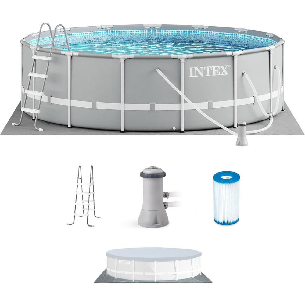 Intex® 15' Grey Round Prism Frame Pool with Filter, Pump, & Ladder - No Cover gallery