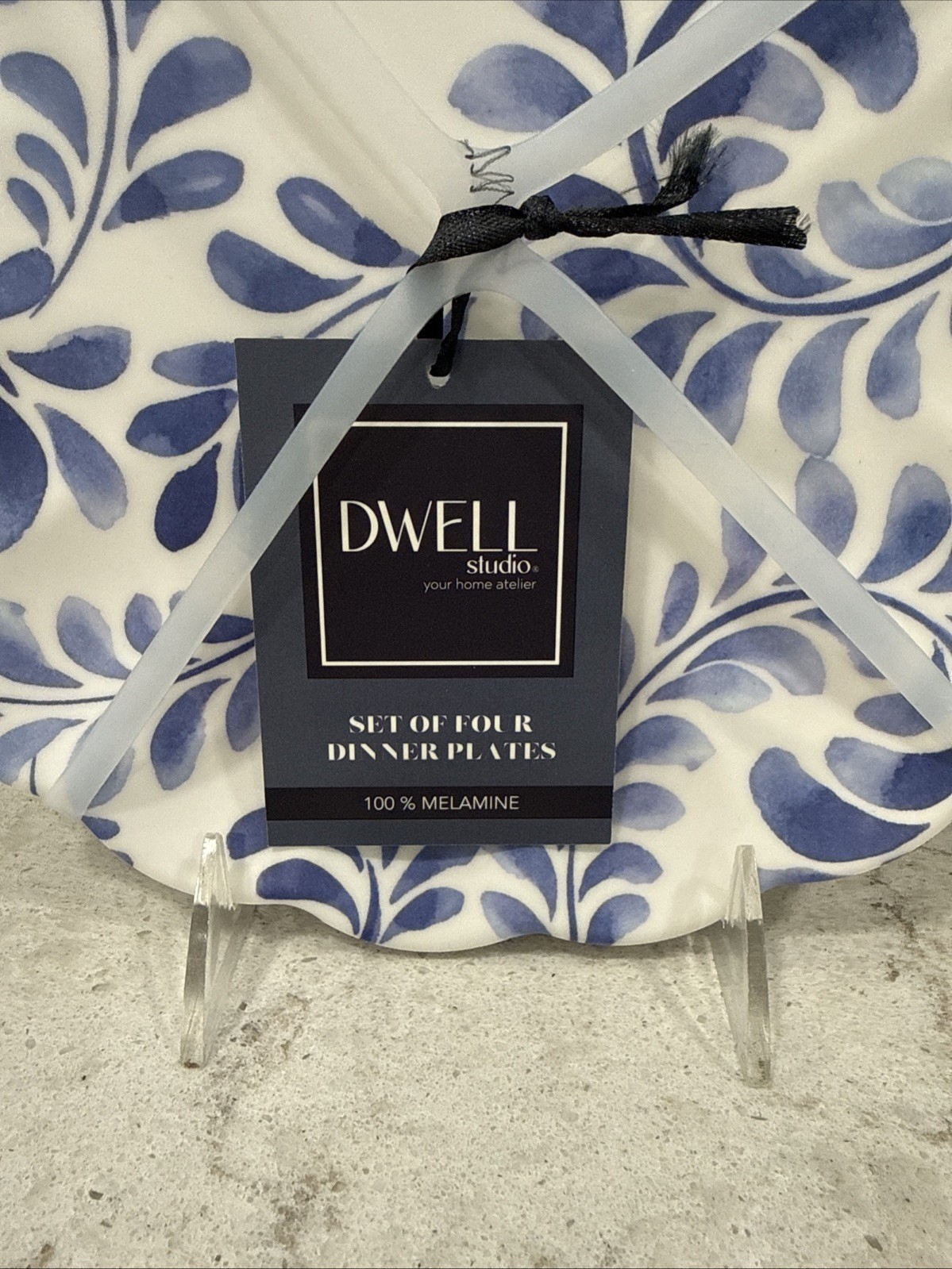 Set 4 DWELL Melamine 10.5” Dinner Plates Matte Blue & White Scalloped Edge NEW gallery