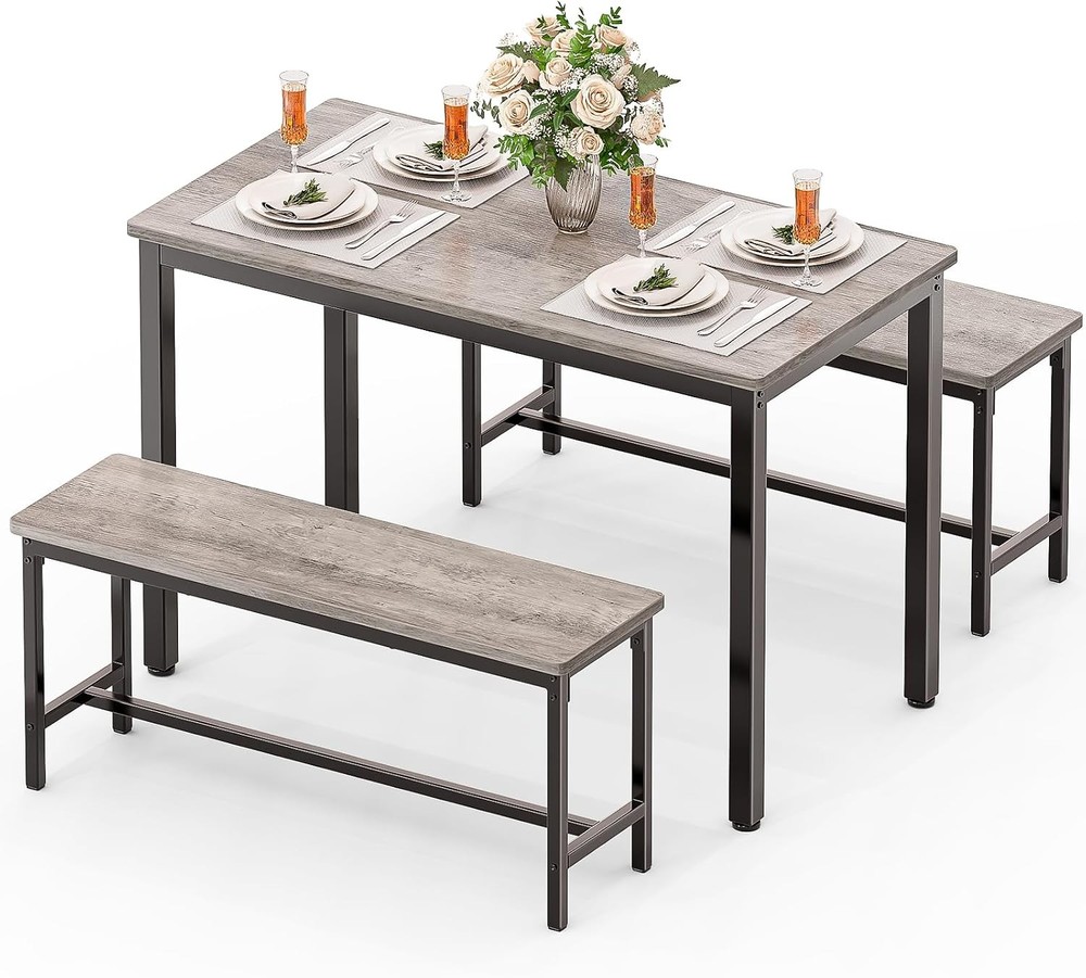 Dining Table Set 4 Kitchen Table W/ 2 Benchs Modern Functional 3-Piece Dining
