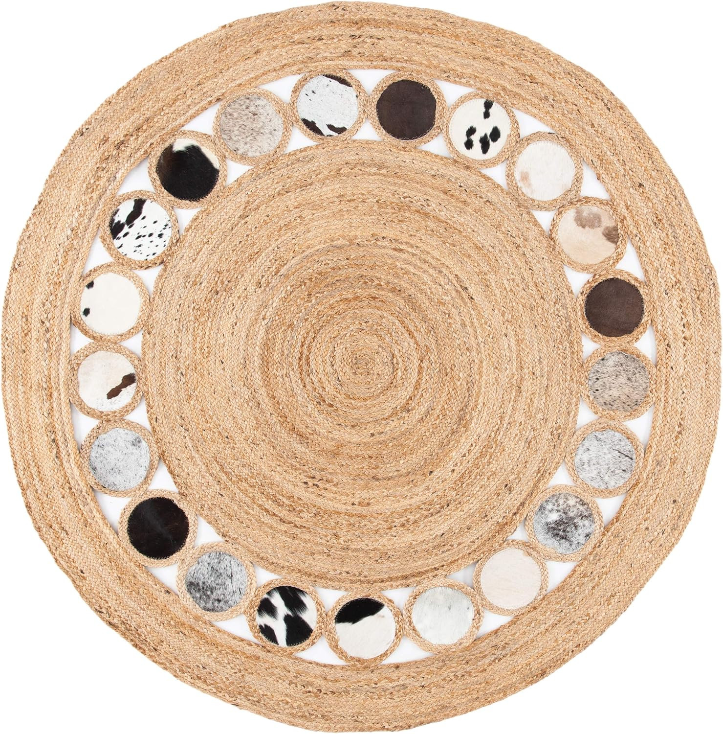 Handmade 6' Beige & Silver Boho Jute & Leather Round Area Rug gallery