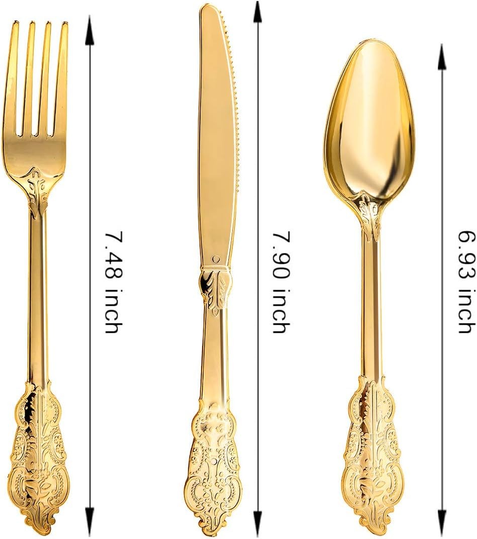N9R 300pcs Gold Plastic Silverware Dinnerware Flatware- Heavyweight gallery