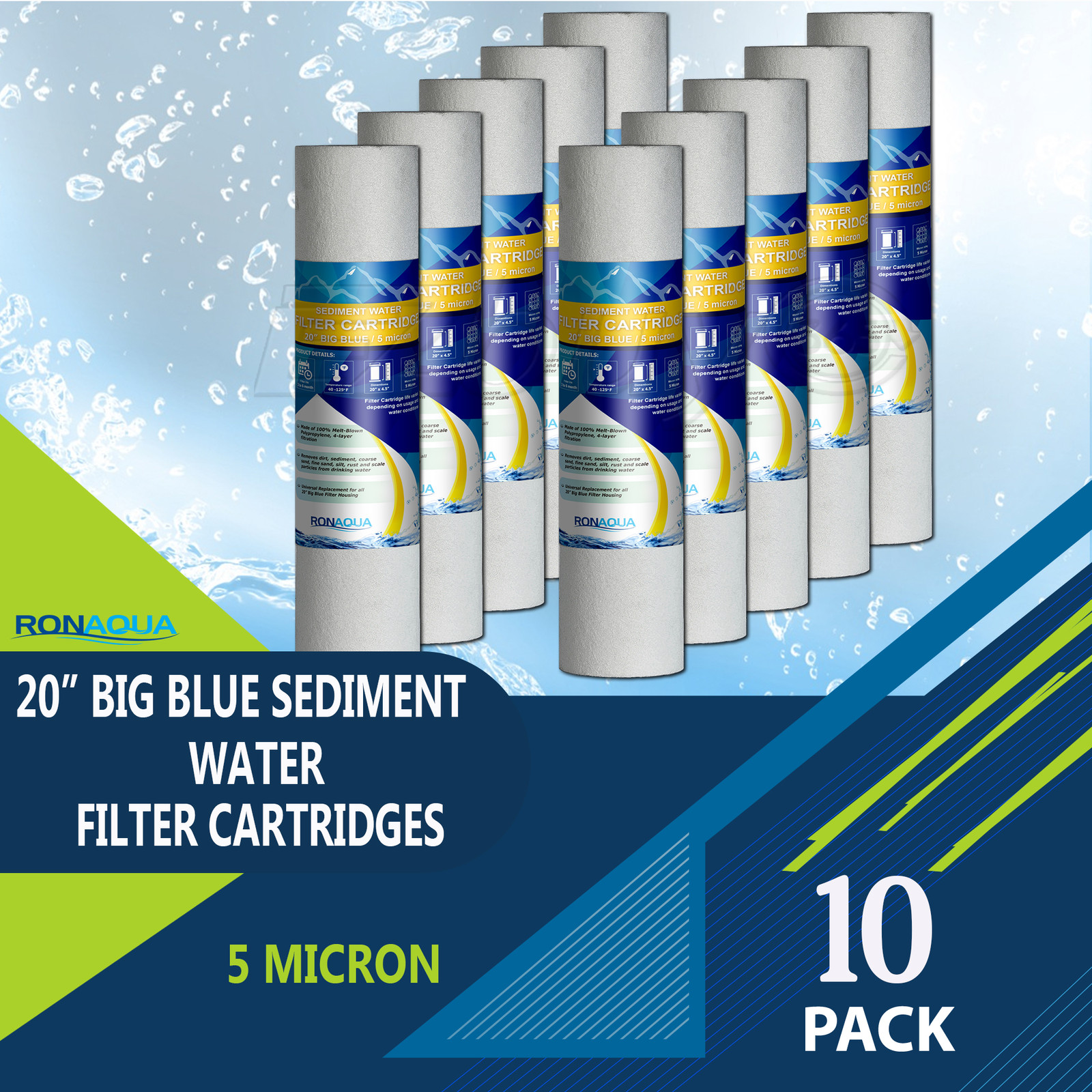 Big Blue Sediment Replacement Water Filters 5 Micron 4.5" x 20" Set of 10 gallery