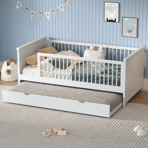 Twin Size Platform Bed Frame Wood Daybed with Trundle Kids Bed Bedroom Furniture