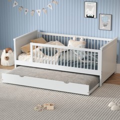 Twin Size Platform Bed Frame Wood Daybed with Trundle Kids Bed Bedroom Furniture