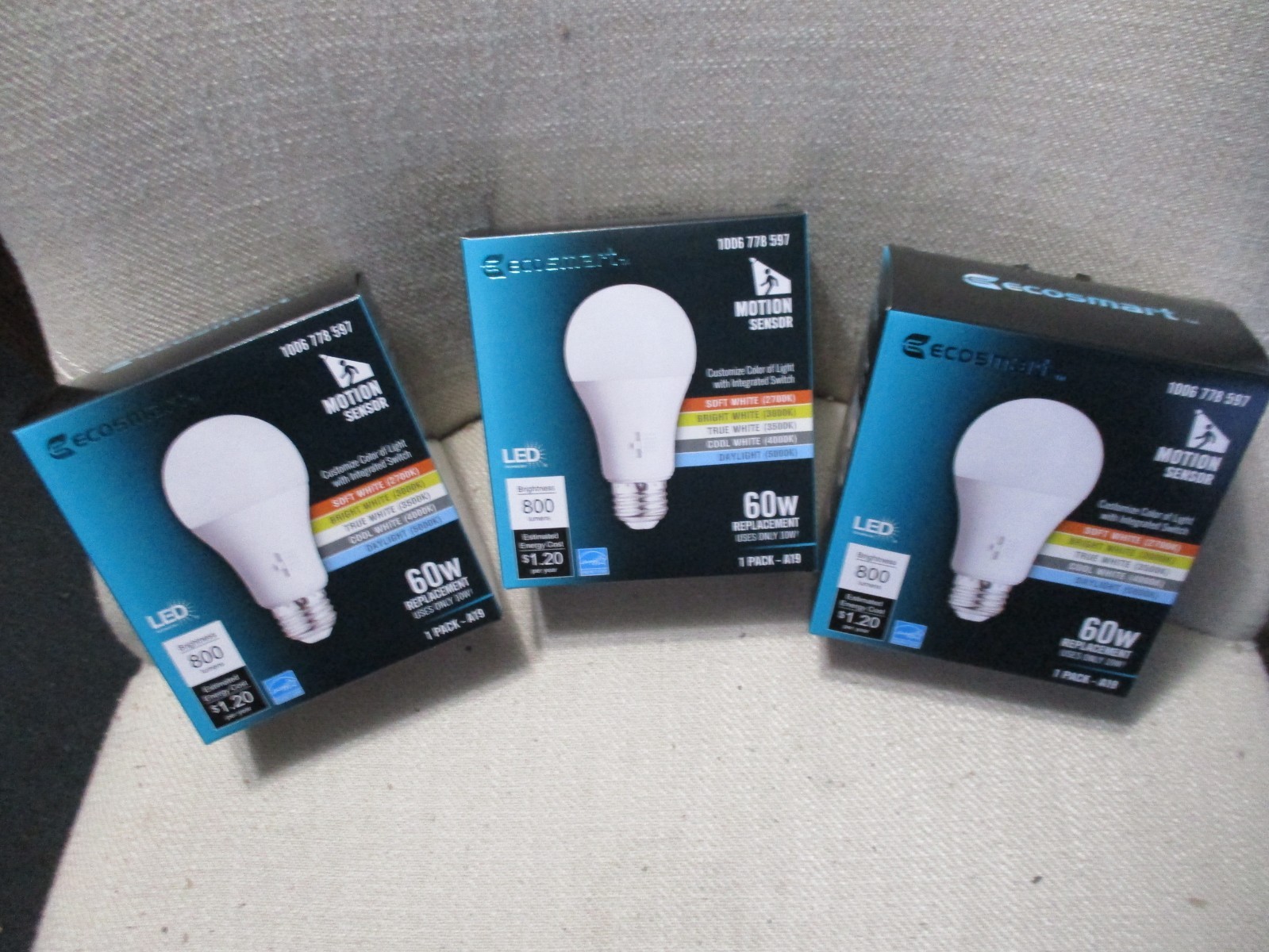 3 Pack Ecosmart Selectable Motion Sensor LED Light Bulb A19 60W 120V 1006778597 gallery