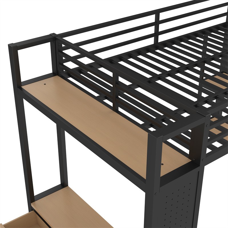 Full Size Loft Bed Frame w/Wardrobe,Metal Loft Bed with Storage Shelves Black gallery